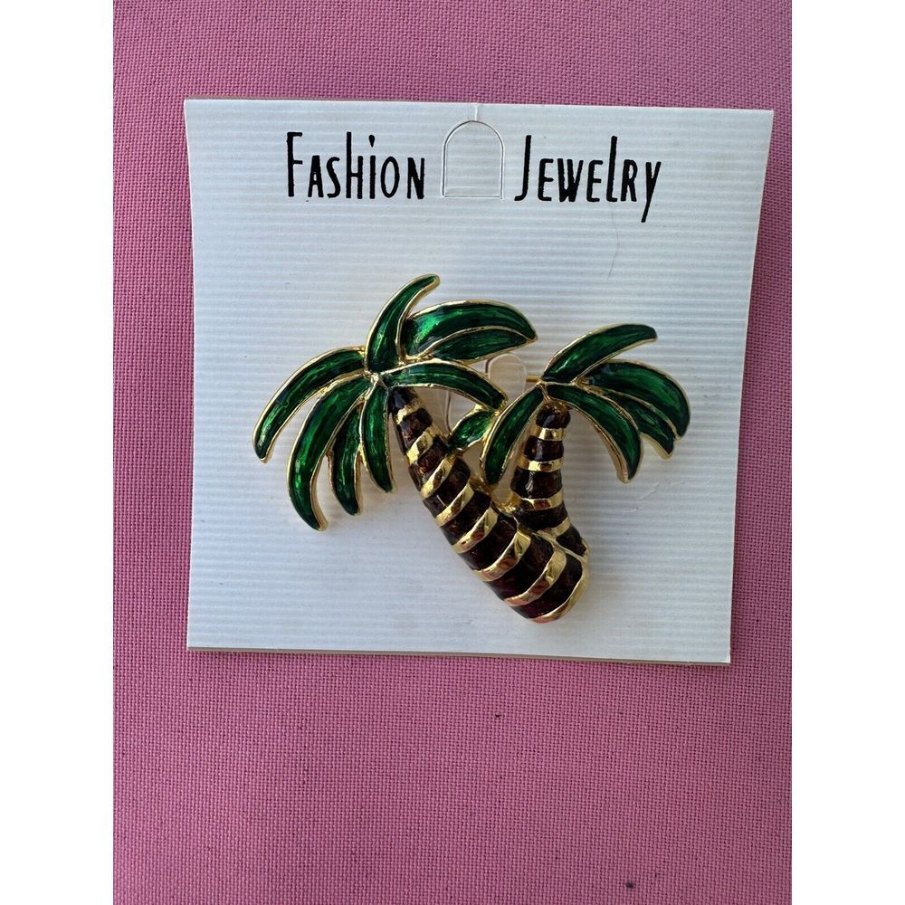 Vintage 1980s Gold Tone Enamel Palm Tree Brooch‎ 2" x 2" NWOT